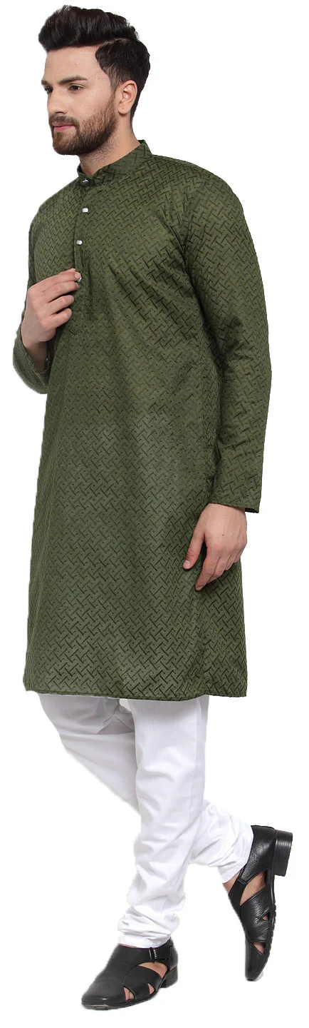 Kurta Pajama Evening Wear Men's Cotton Chikan India Apparel (Olive) - Image 2