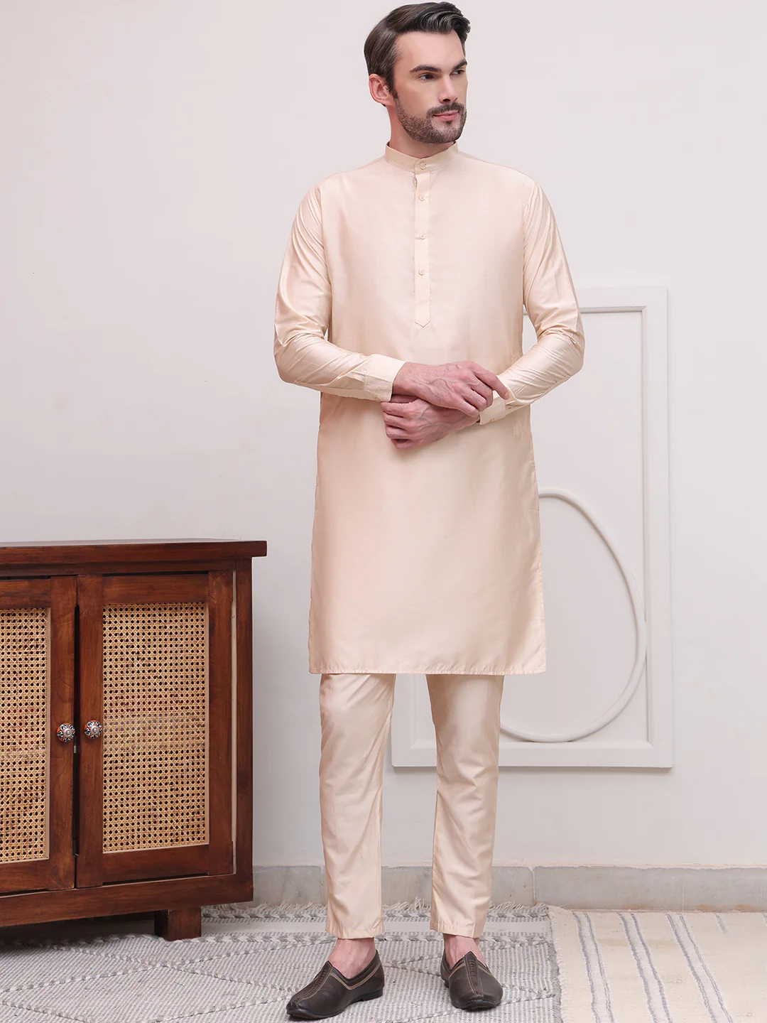 Kurta Pajama Set Solid Color Indian Clothing for Men (Beige)