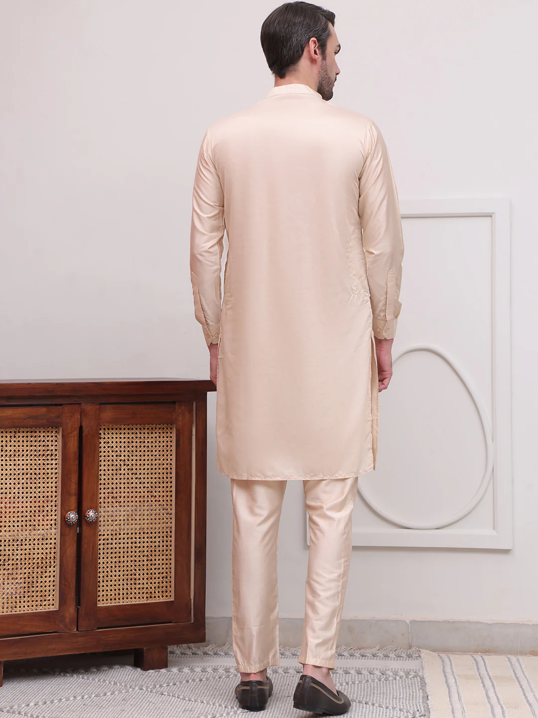 Kurta Pajama Set Solid Color Indian Clothing for Men (Beige) - Image 2