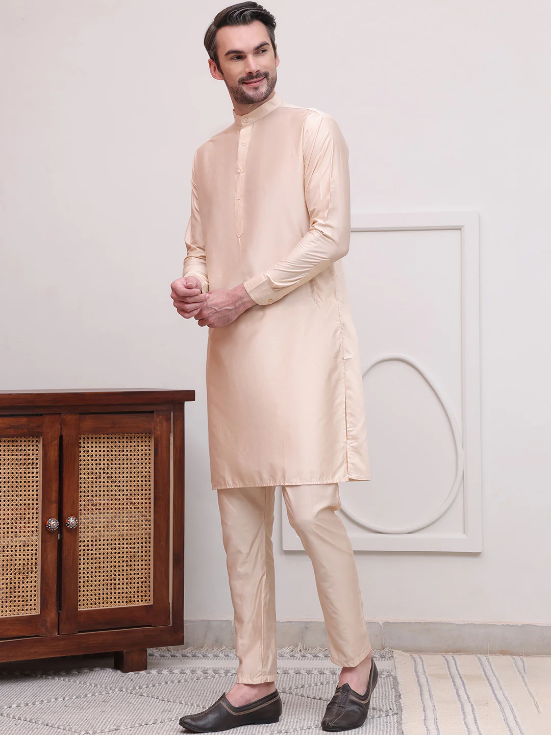 Kurta Pajama Set Solid Color Indian Clothing for Men (Beige) - Image 4