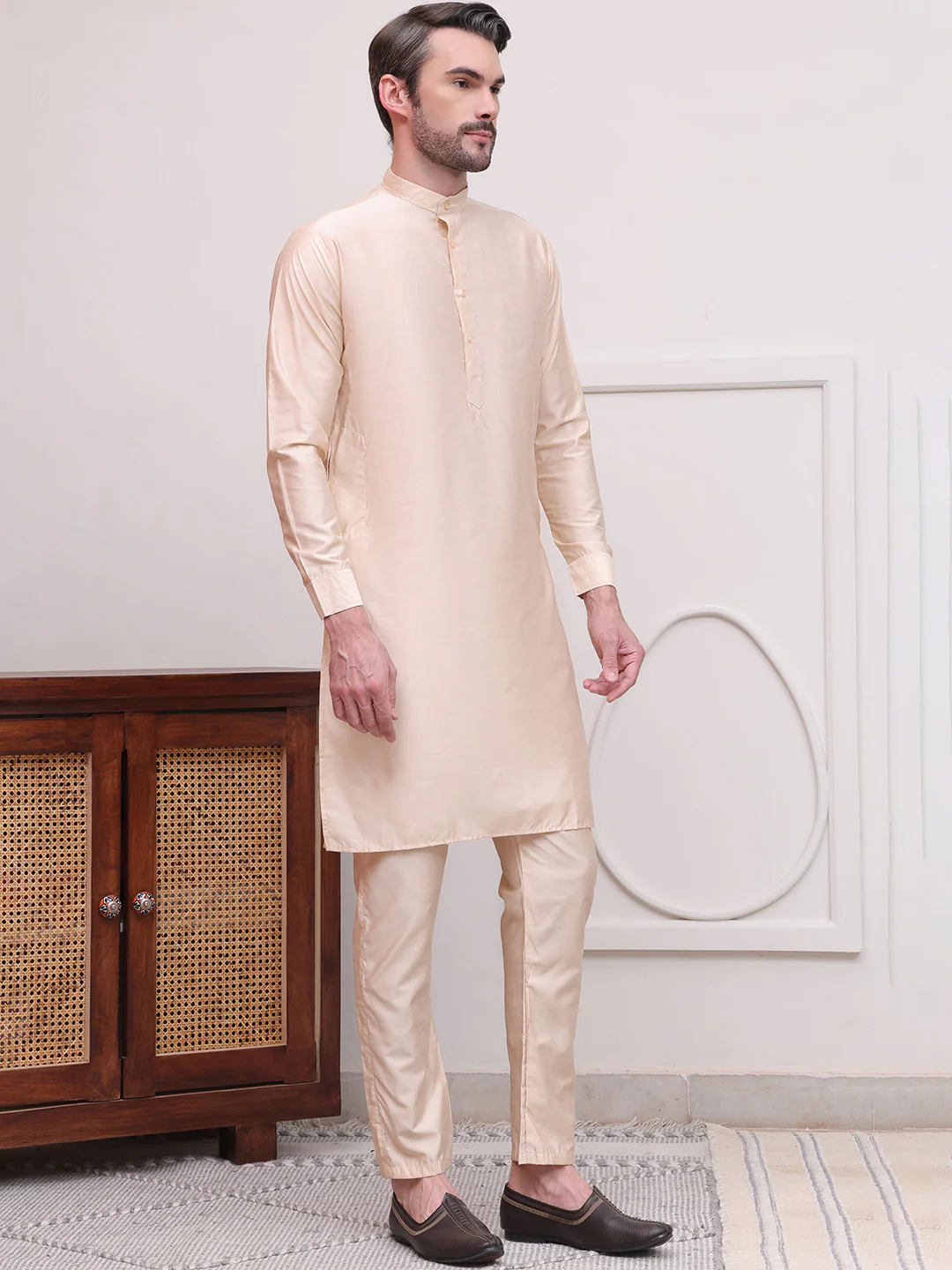 Kurta Pajama Set Solid Color Indian Clothing for Men (Beige) - Image 5