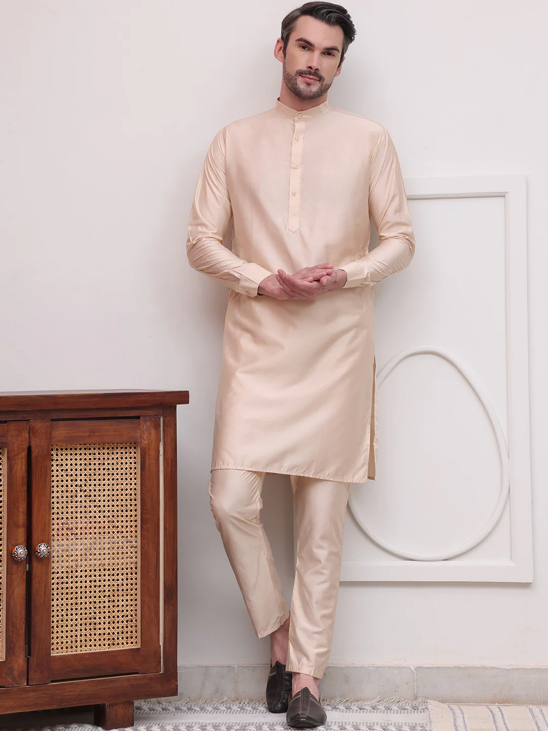 Kurta Pajama Set Solid Color Indian Clothing for Men (Beige) - Image 6