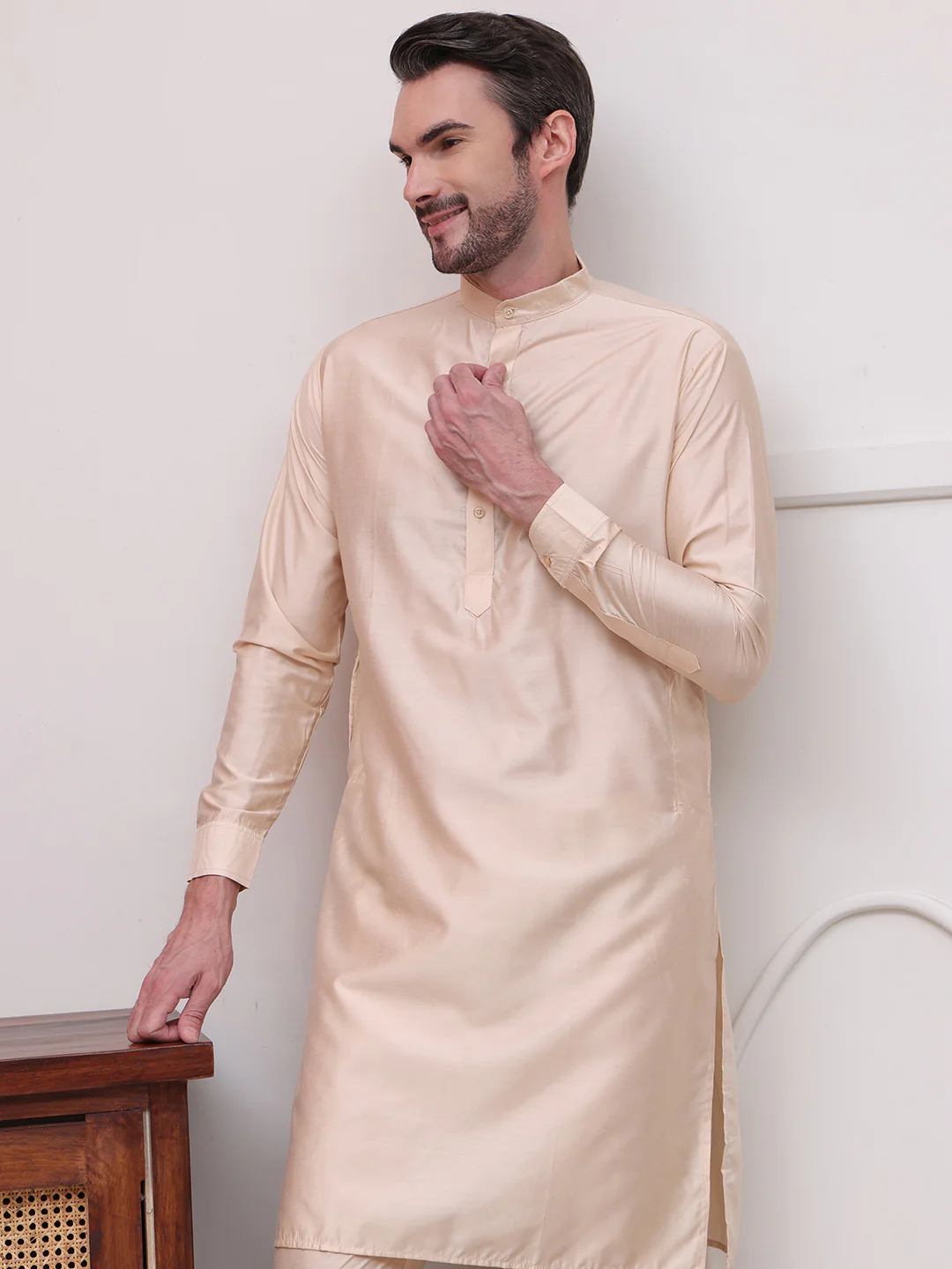 Kurta Pajama Set Solid Color Indian Clothing for Men (Beige) - Image 7