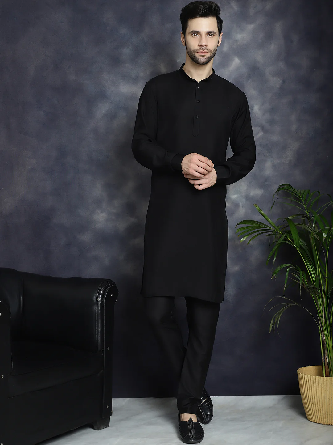 Kurta Pajama Set Solid Color Indian Clothing for Men (Black)
