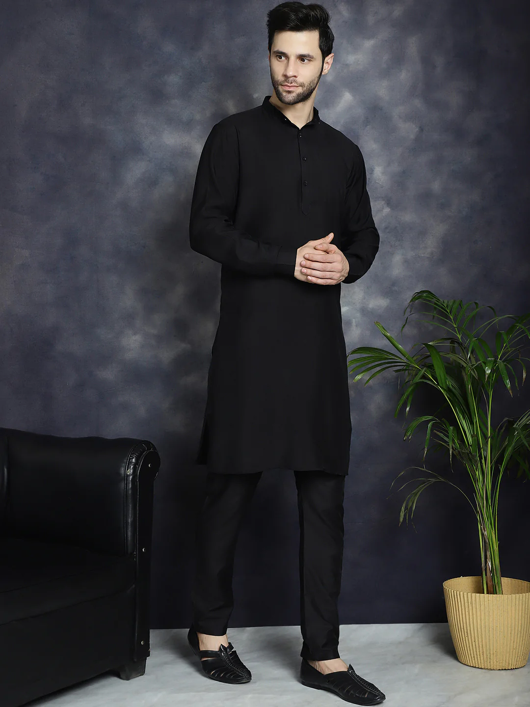 Kurta Pajama Set Solid Color Indian Clothing for Men (Black) - Image 2