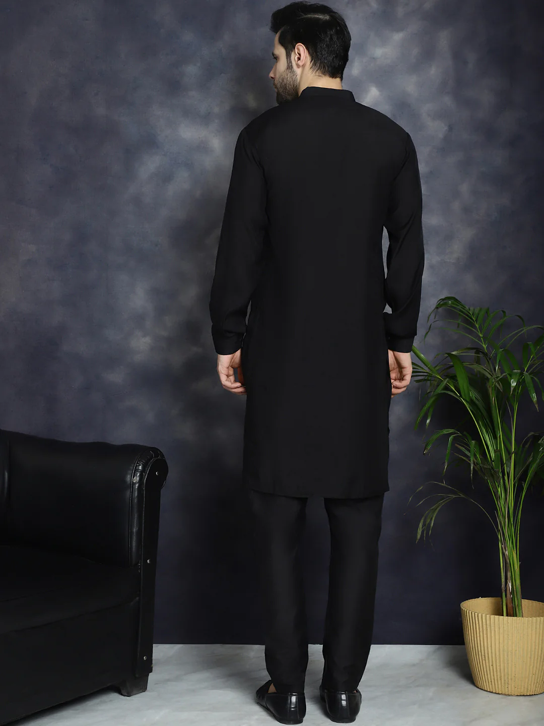Kurta Pajama Set Solid Color Indian Clothing for Men (Black) - Image 4