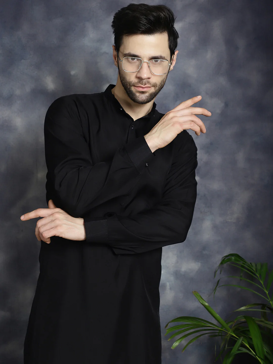 Kurta Pajama Set Solid Color Indian Clothing for Men (Black) - Image 5