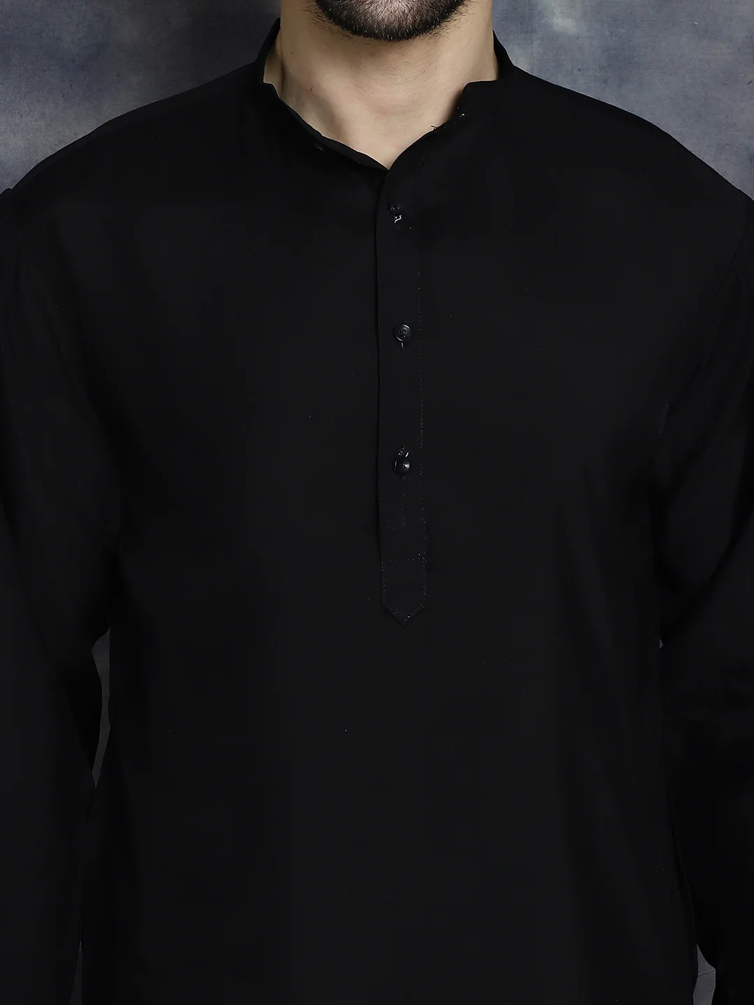 Kurta Pajama Set Solid Color Indian Clothing for Men (Black) - Image 6