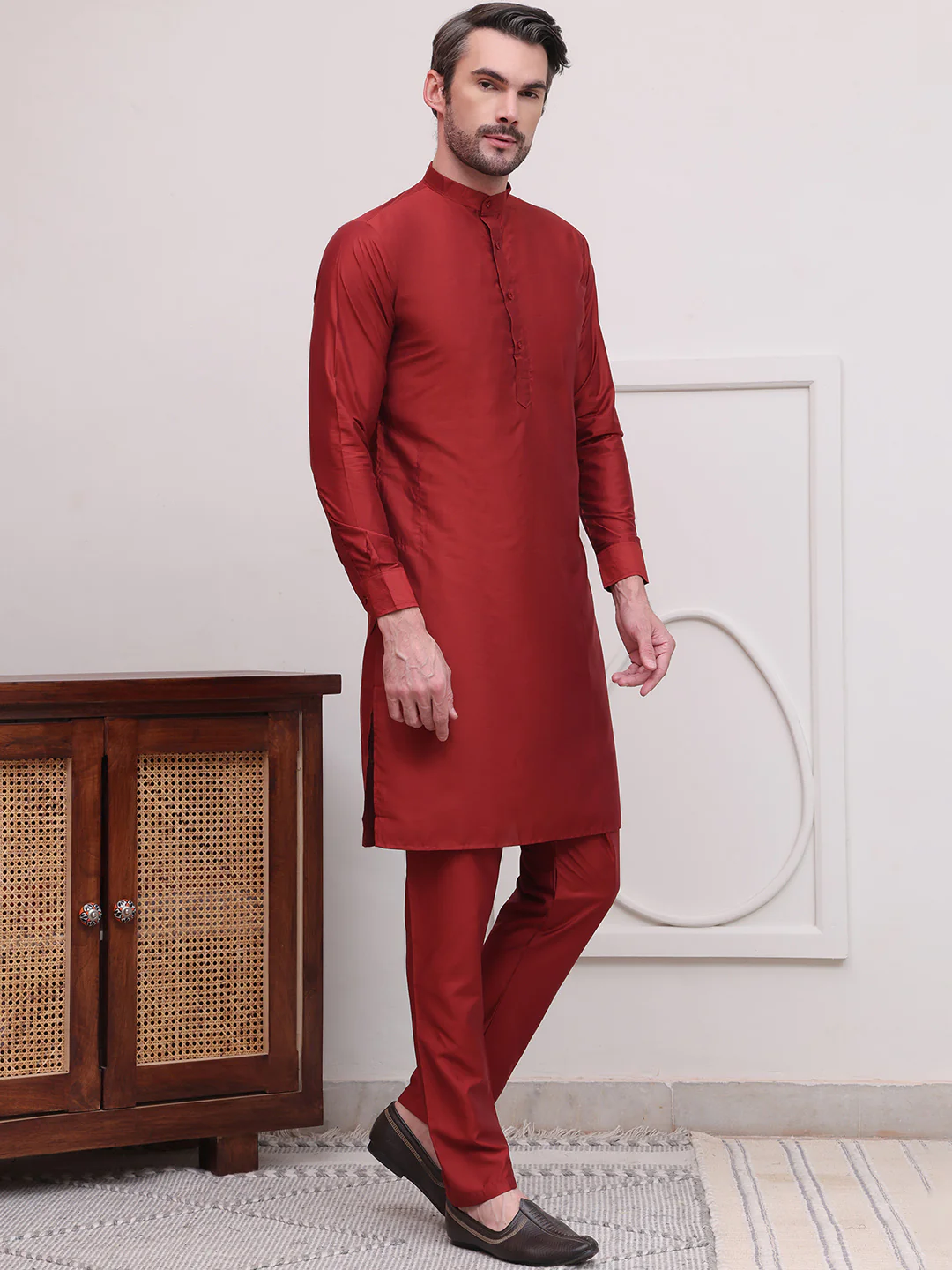 Kurta Pajama Set Solid Color Indian Clothing for Men (Maroon) - Image 5