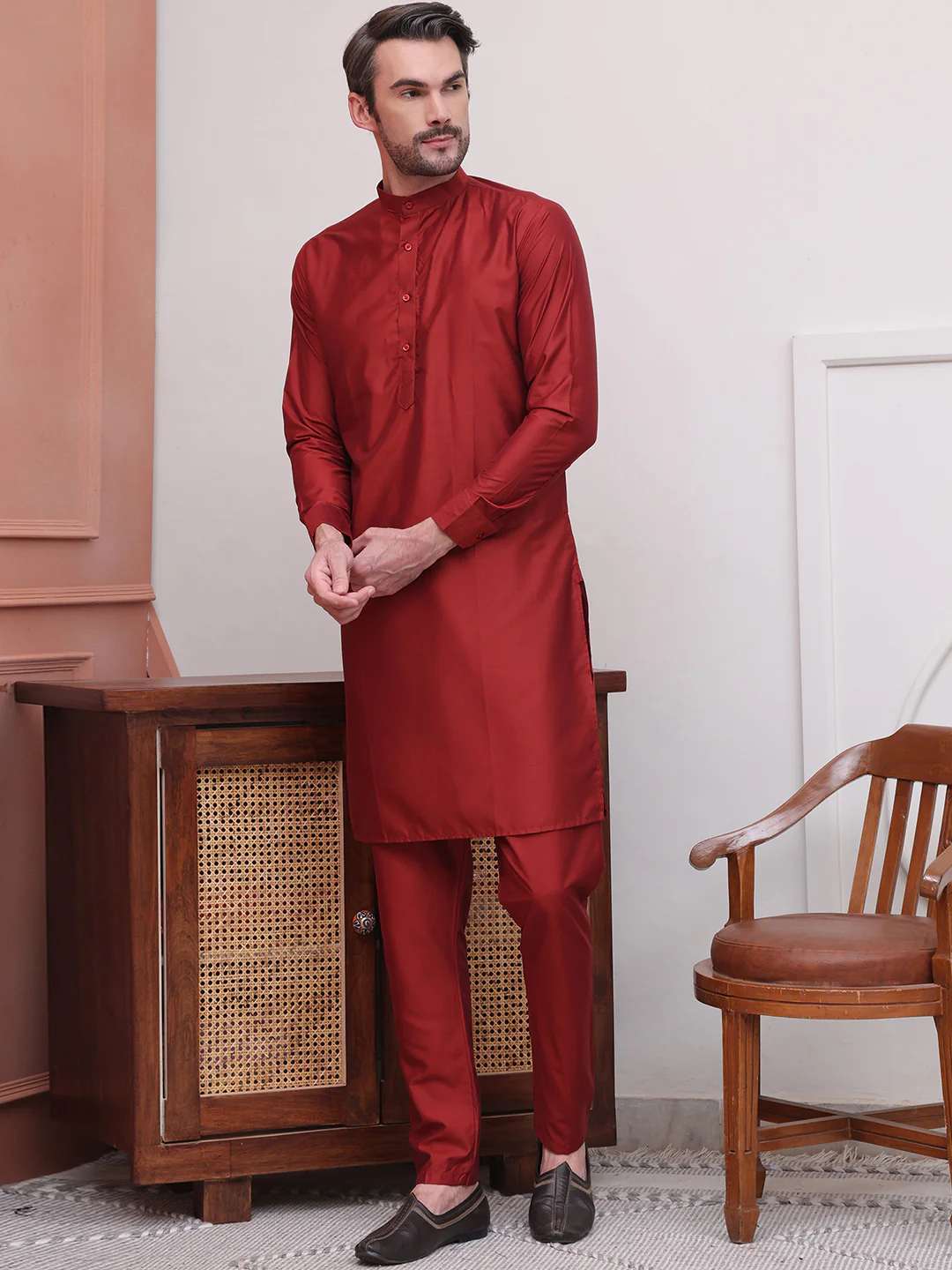 Kurta Pajama Set Solid Color Indian Clothing for Men (Maroon) - Image 6