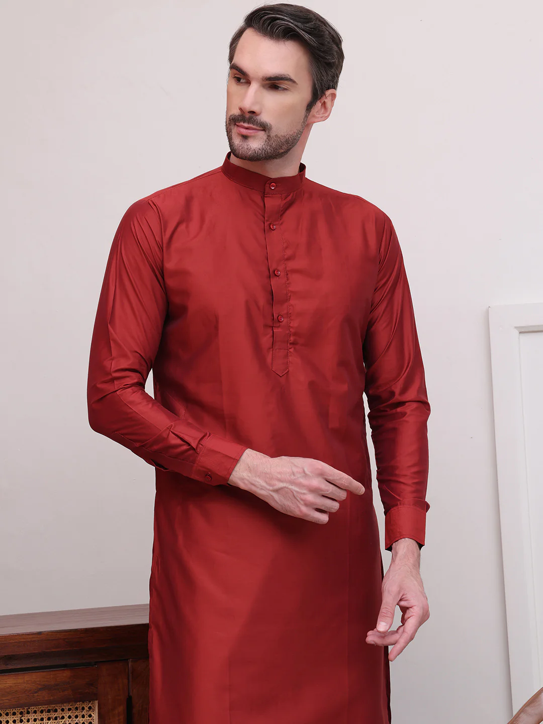 Kurta Pajama Set Solid Color Indian Clothing for Men (Maroon) - Image 7