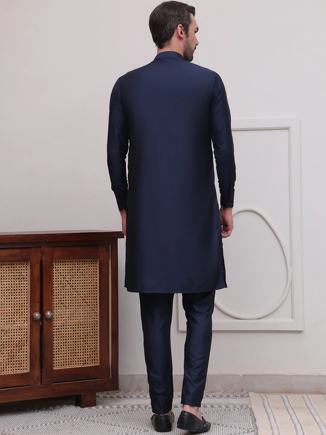 Kurta Pajama Set Solid Color Indian Clothing for Men (Navy Blue) - Image 2