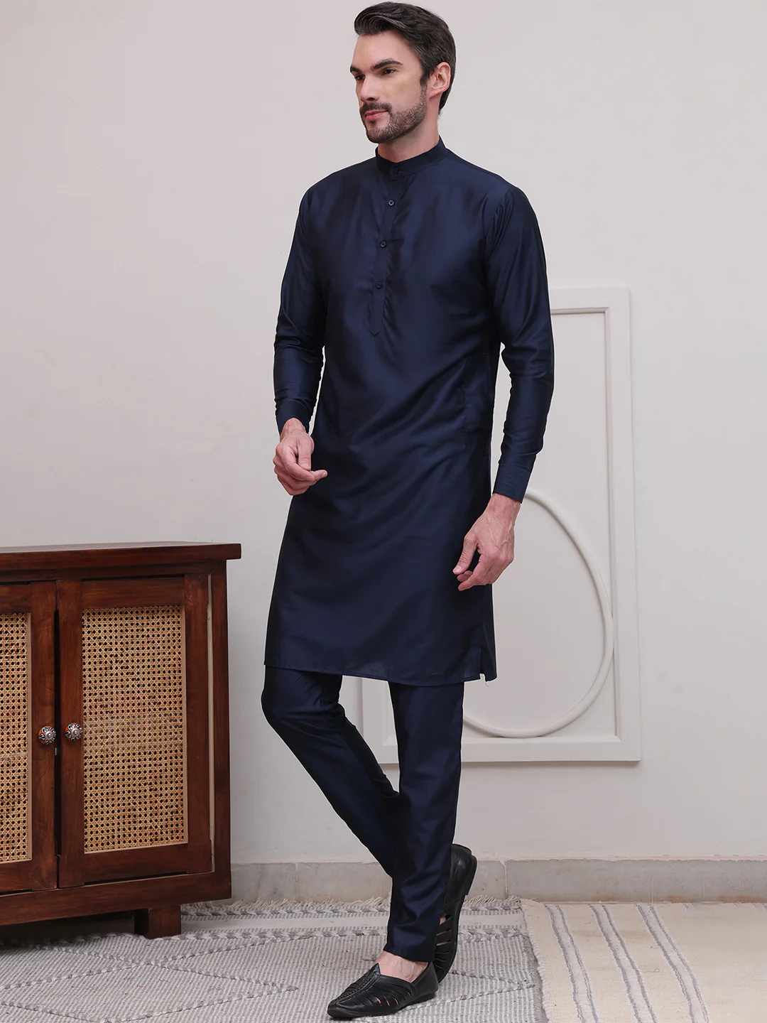 Kurta Pajama Set Solid Color Indian Clothing for Men (Navy Blue) - Image 4
