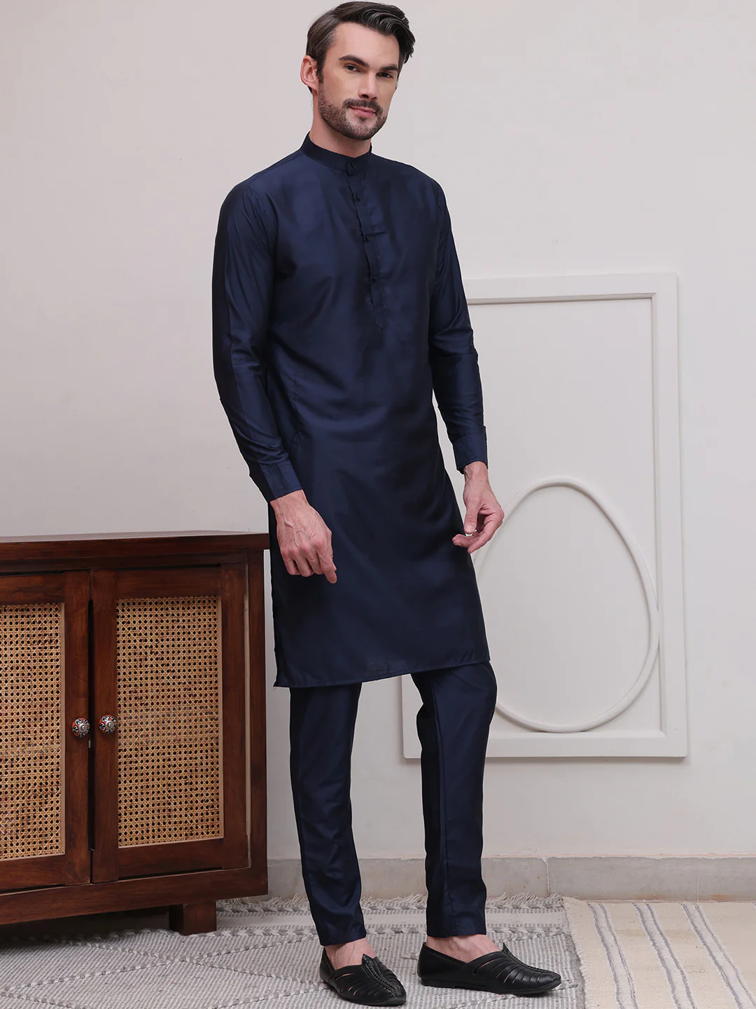 Kurta Pajama Set Solid Color Indian Clothing for Men (Navy Blue) - Image 5