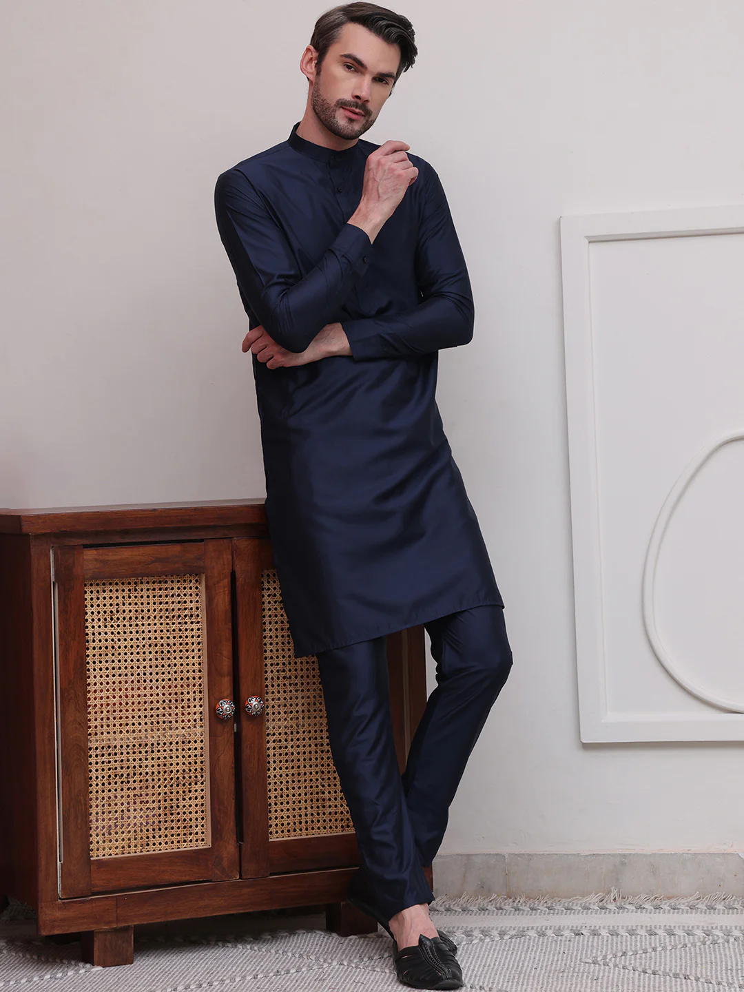 Kurta Pajama Set Solid Color Indian Clothing for Men (Navy Blue) - Image 6