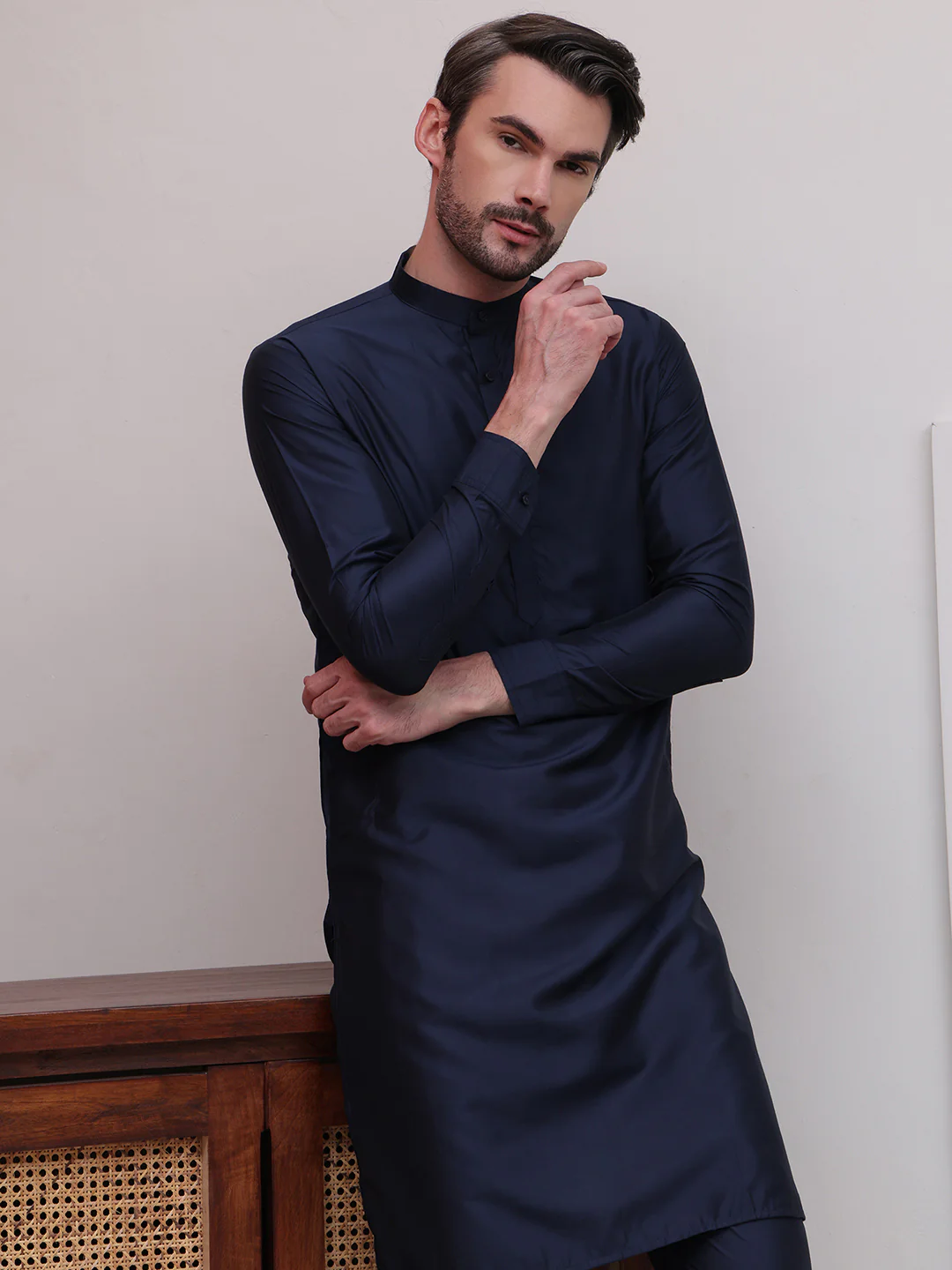 Kurta Pajama Set Solid Color Indian Clothing for Men (Navy Blue) - Image 7