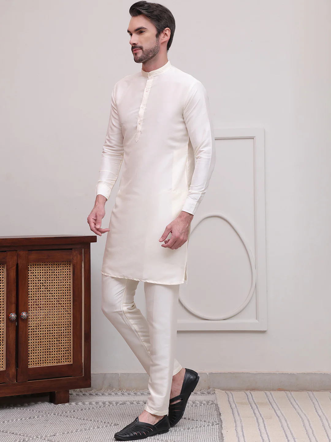 Kurta Pajama Set Solid Color Indian Clothing for Men (Off-White) - Image 2