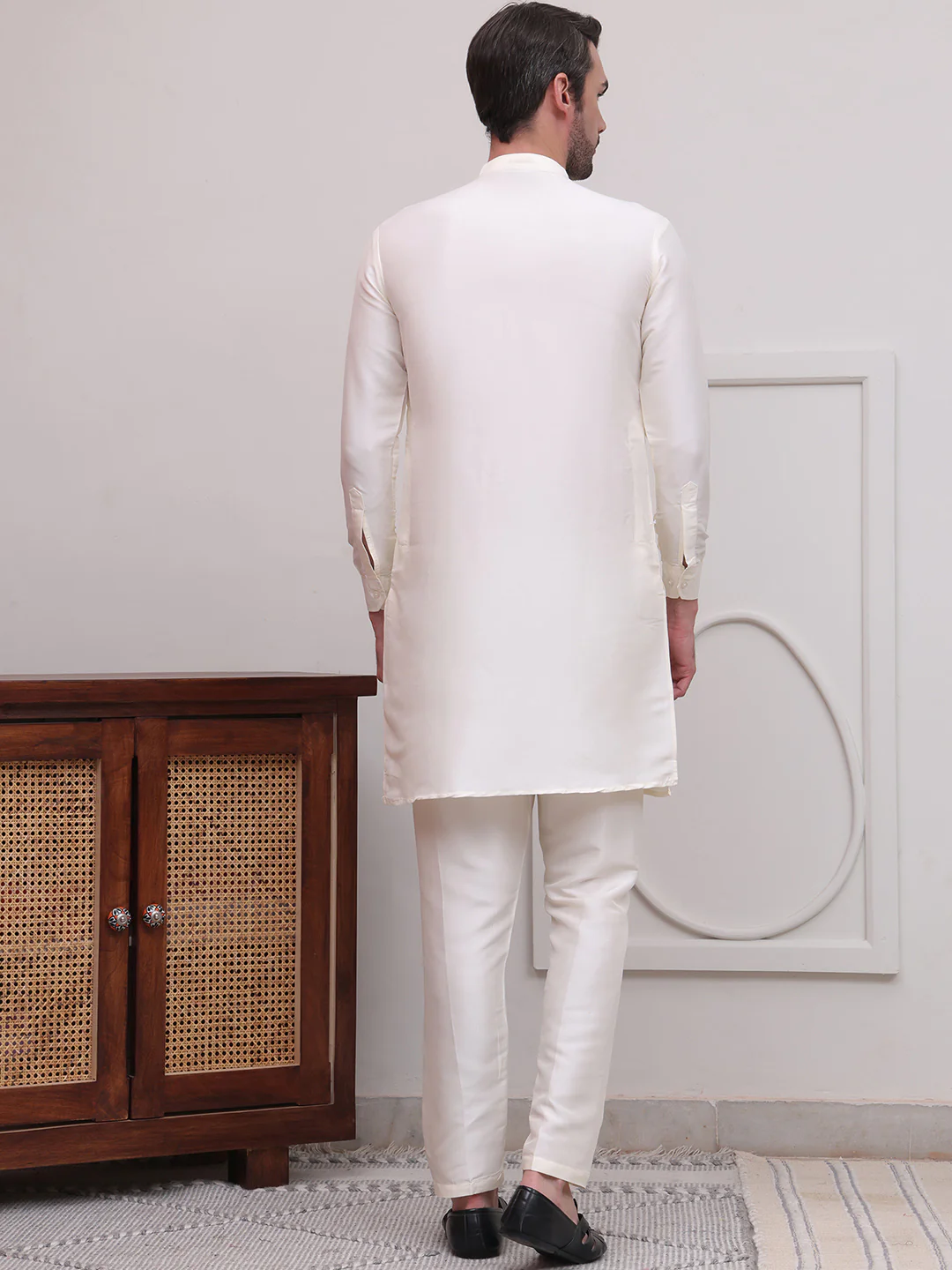 Kurta Pajama Set Solid Color Indian Clothing for Men (Off-White) - Image 4