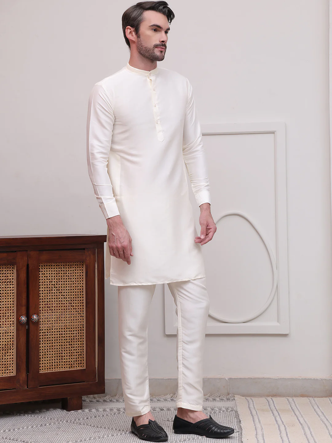 Kurta Pajama Set Solid Color Indian Clothing for Men (Off-White) - Image 5