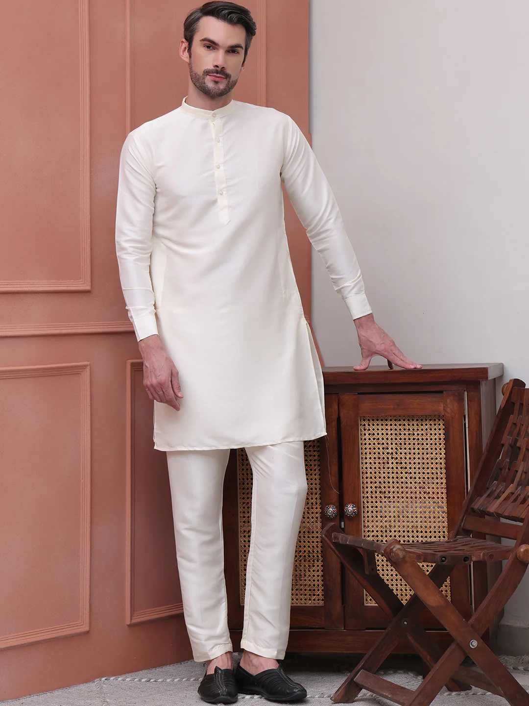 Kurta Pajama Set Solid Color Indian Clothing for Men (Off-White) - Image 6