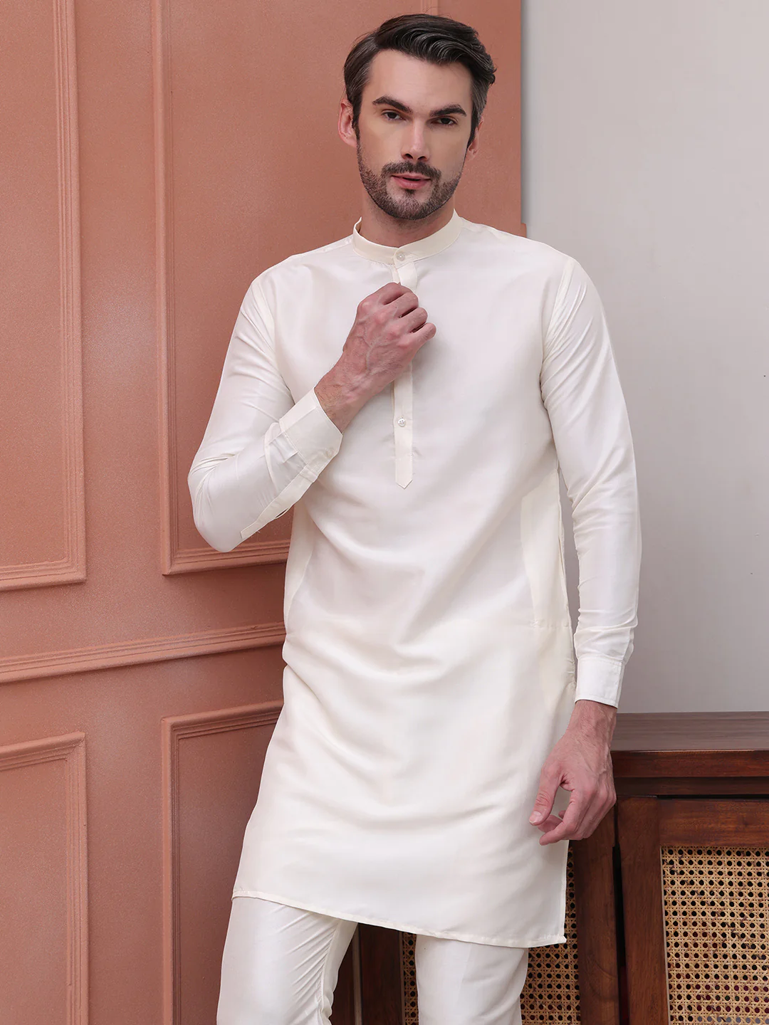 Kurta Pajama Set Solid Color Indian Clothing for Men (Off-White) - Image 7