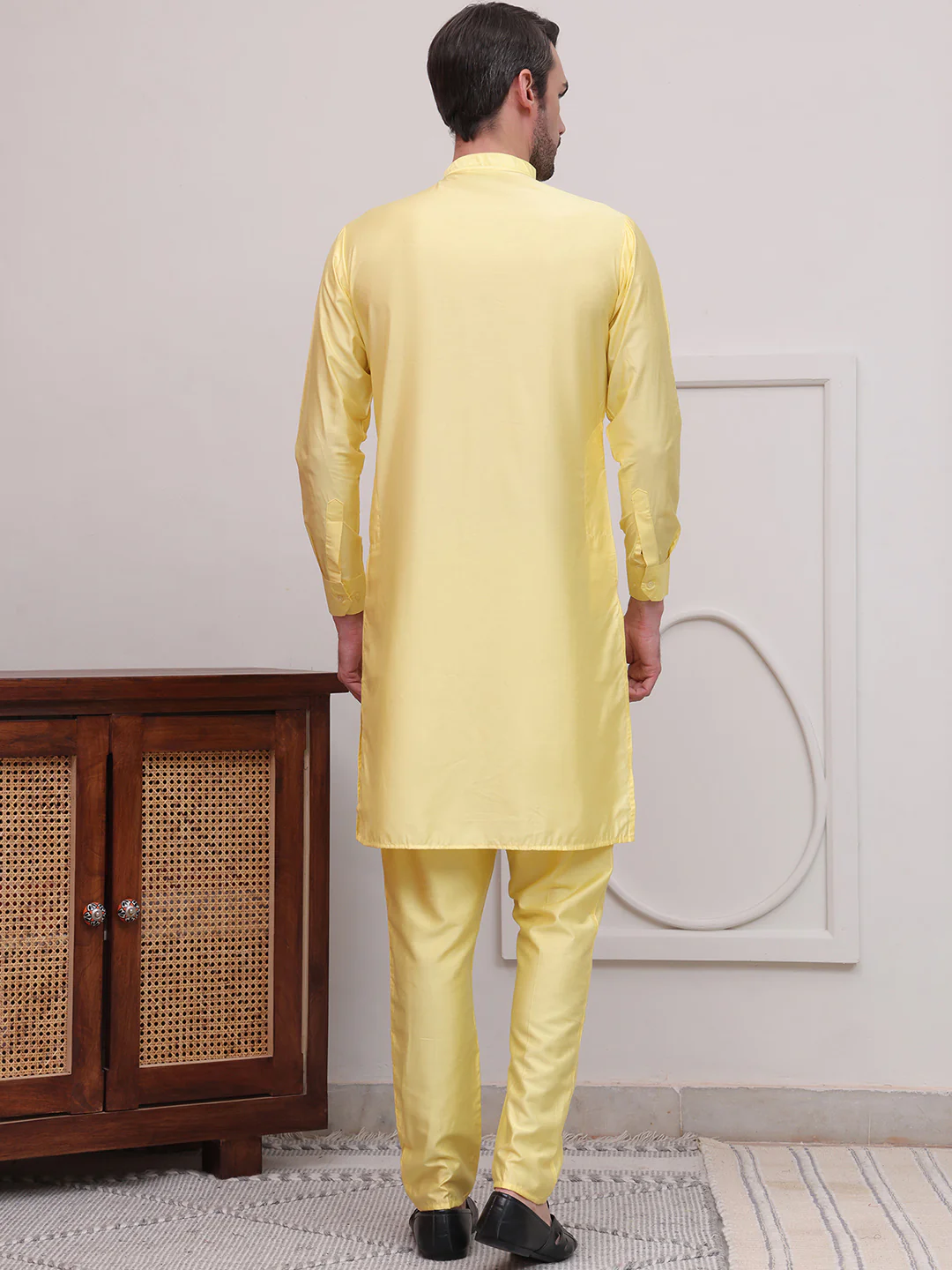 Kurta Pajama Set Solid Color Indian Clothing for Men (Yellow) - Image 2