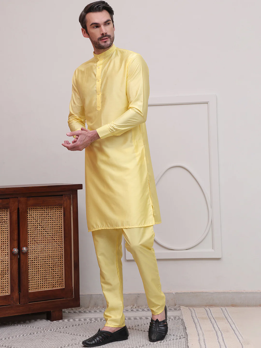 Kurta Pajama Set Solid Color Indian Clothing for Men (Yellow) - Image 4