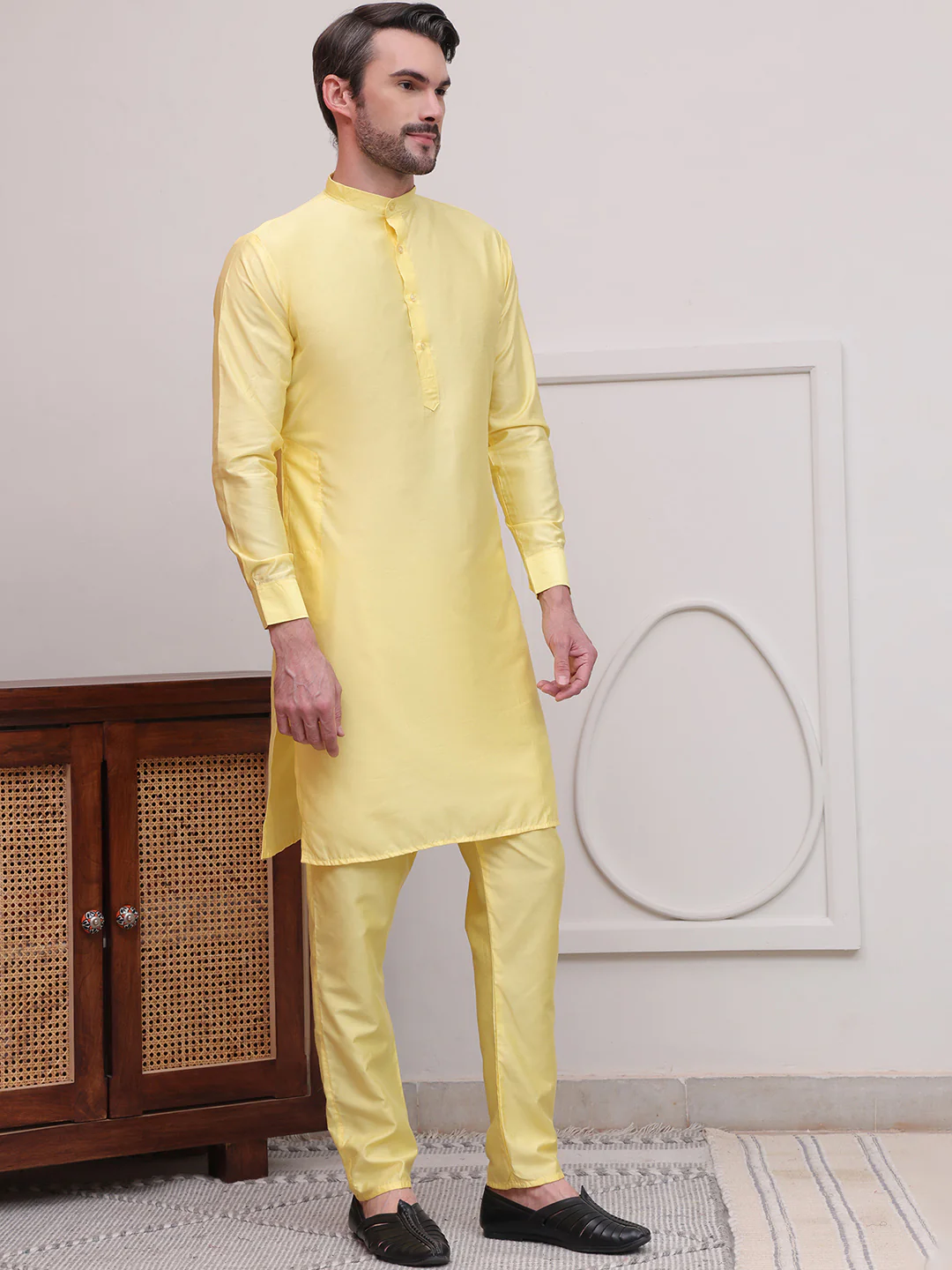 Kurta Pajama Set Solid Color Indian Clothing for Men (Yellow) - Image 5