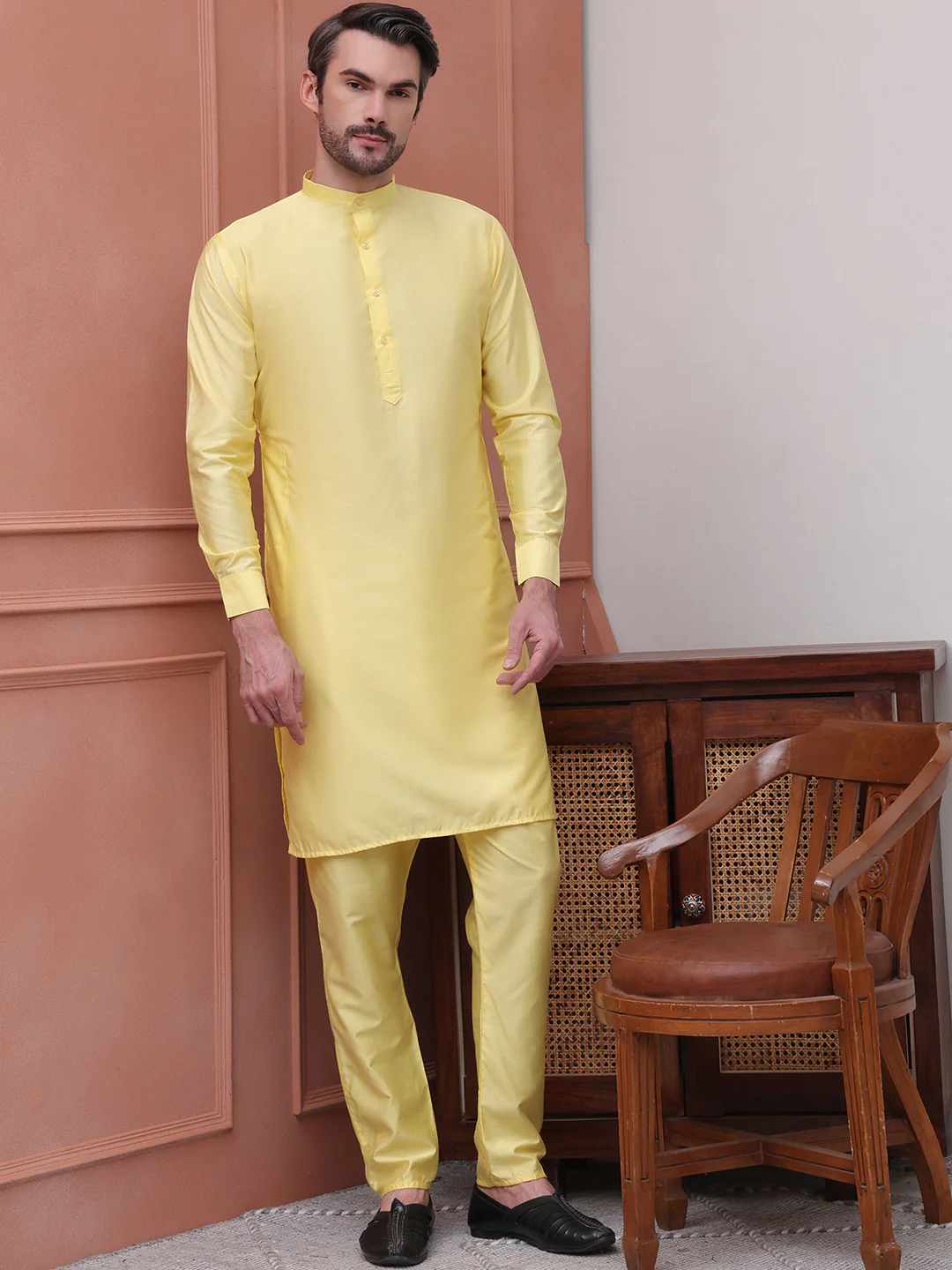 Kurta Pajama Set Solid Color Indian Clothing for Men (Yellow) - Image 6