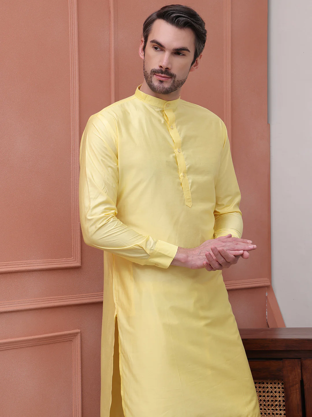 Kurta Pajama Set Solid Color Indian Clothing for Men (Yellow) - Image 7