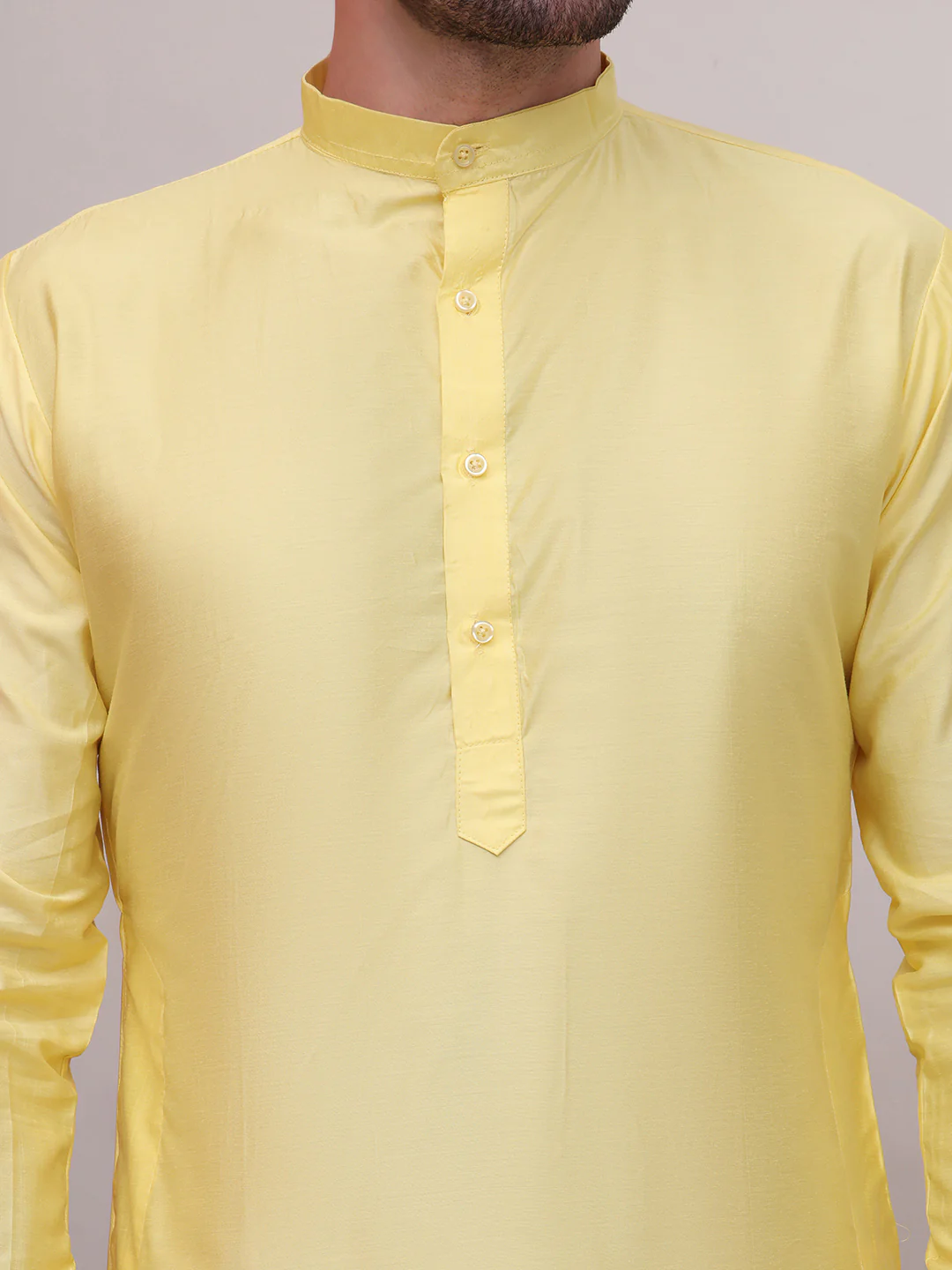 Kurta Pajama Set Solid Color Indian Clothing for Men (Yellow) - Image 8