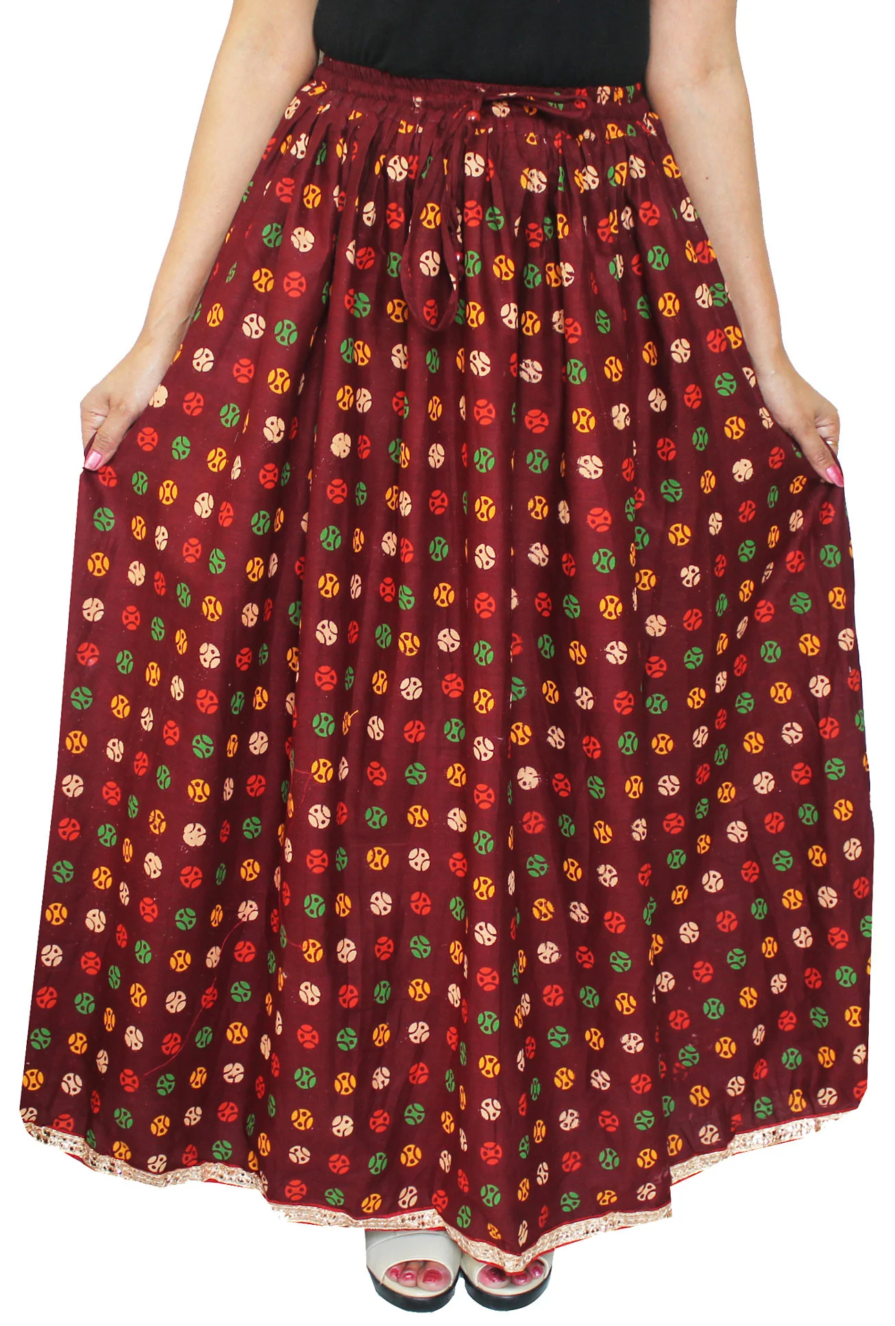 Long Cotton Women Skirt Block Printed Indian Apparel (Maroon) - Image 2