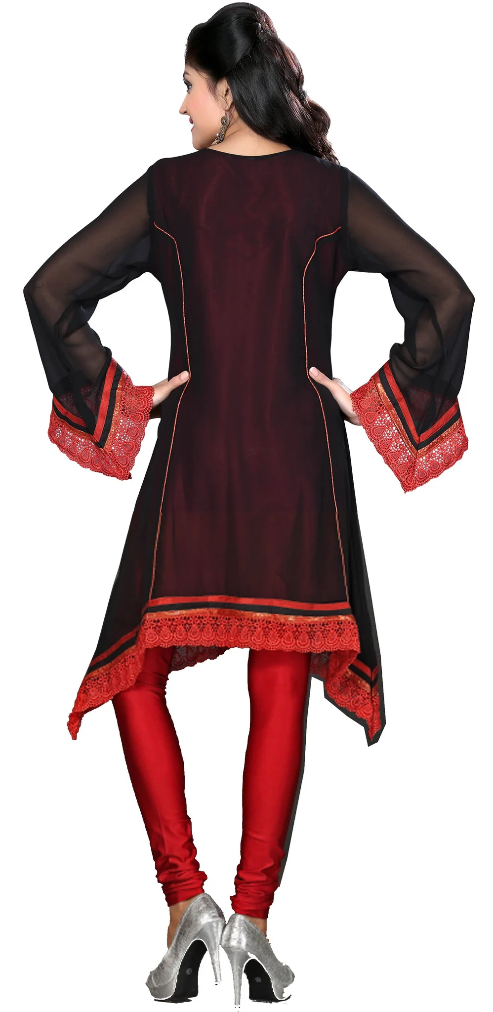 Long India Womens Kurti Hand Sewn Beaded Blouse Indian Clothing (Black-Brown) - Image 2