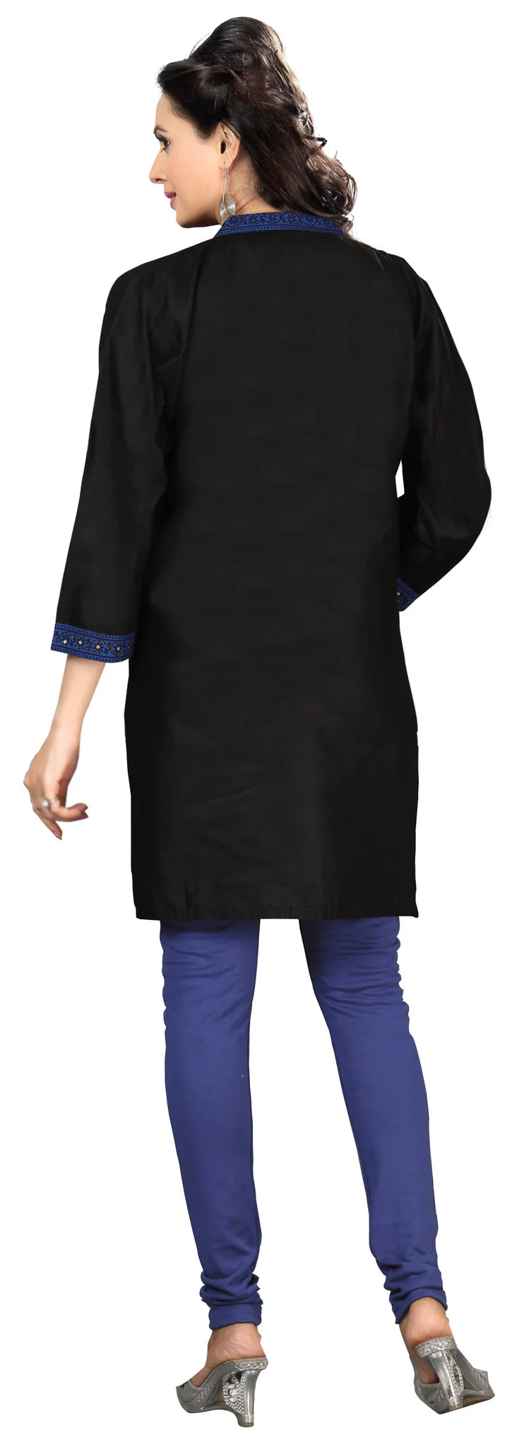 Long Kurti Top Tunic Cotton Embroidered Womens India Clothes (Black) - Image 2