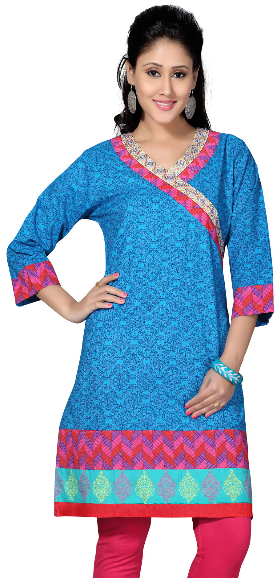 Long Kurti Womens Embroidered Cotton Indian Clothing (Blue)