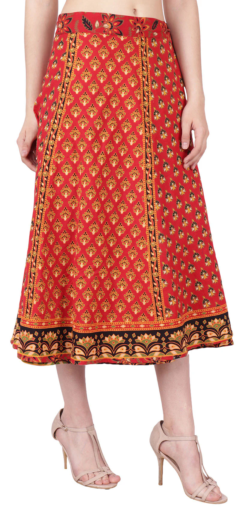 Long Printed Wrap Around Cotton Women's Indian Skirt (Red, One Size) - Image 2