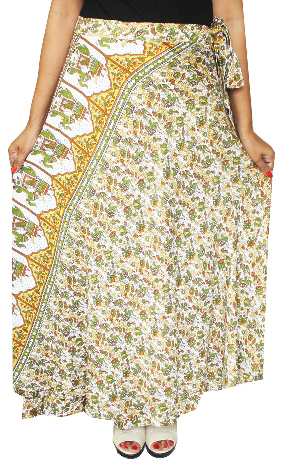 Long Rayon Wrap Around Skirts India Women (Green) - Image 2