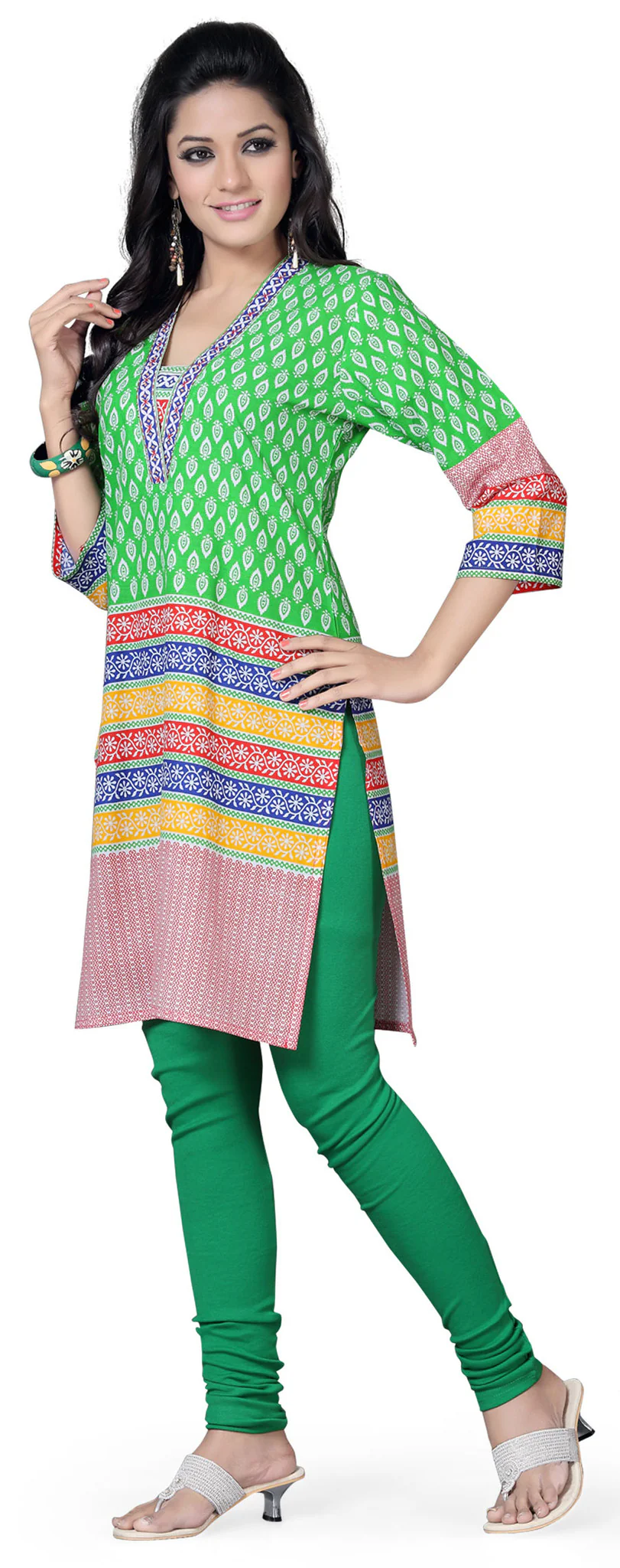 Long Tunic Top Kurti Womens Embroidered Cotton Indian Apparel (Green) - Image 3