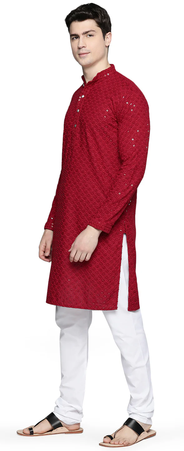 Mandarin Neck Men's Cotton Kurta Pajama Indian Party Dress (Maroon) - Image 2