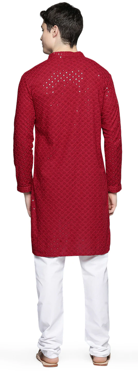 Mandarin Neck Men's Cotton Kurta Pajama Indian Party Dress (Maroon) - Image 3