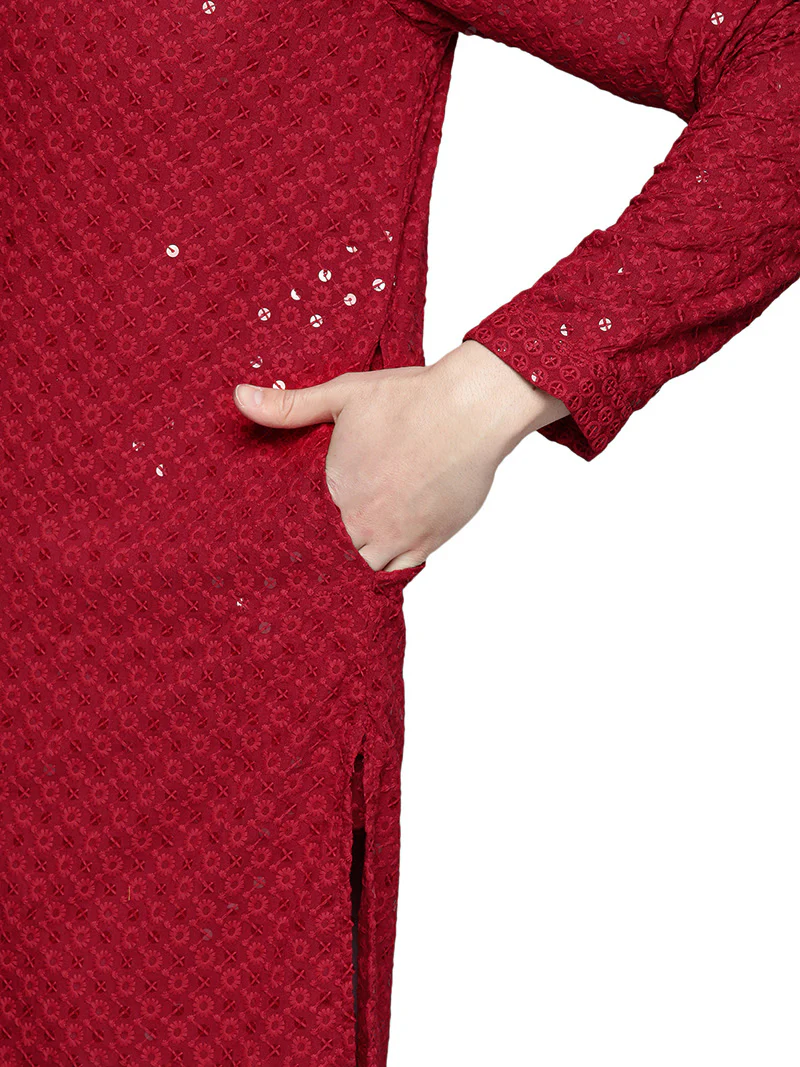 Mandarin Neck Men's Cotton Kurta Pajama Indian Party Dress (Maroon) - Image 4
