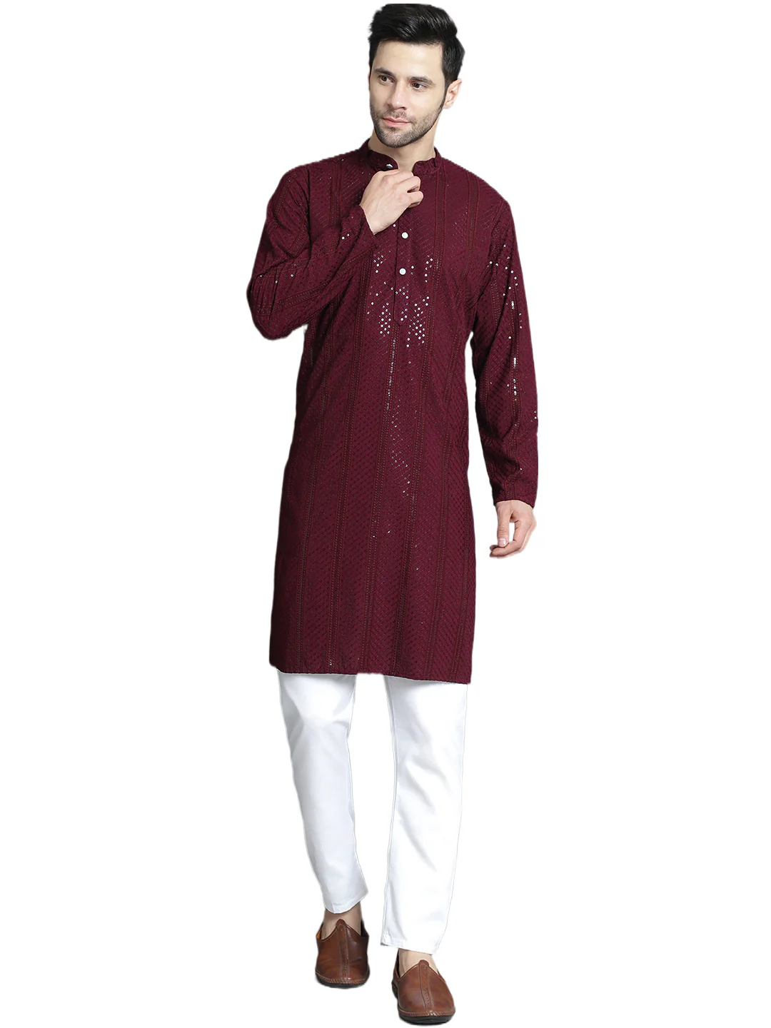 Mandarin Neck Men's Rayon Kurta Pajama Indian Party Dress (Purple)