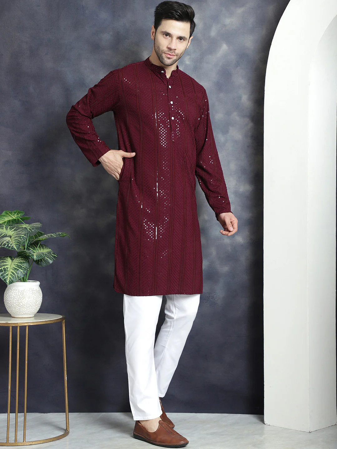 Mandarin Neck Men's Rayon Kurta Pajama Indian Party Dress (Purple) - Image 2