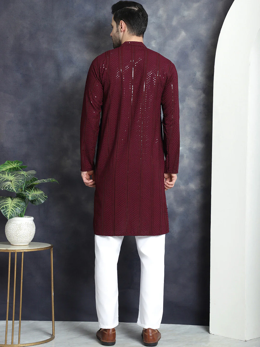Mandarin Neck Men's Rayon Kurta Pajama Indian Party Dress (Purple) - Image 3