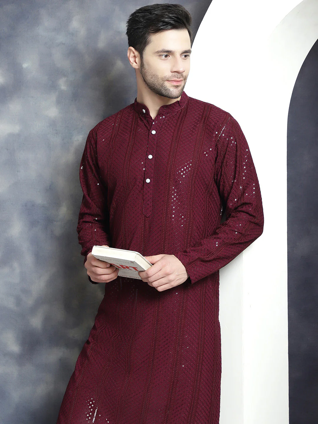Mandarin Neck Men's Rayon Kurta Pajama Indian Party Dress (Purple) - Image 4