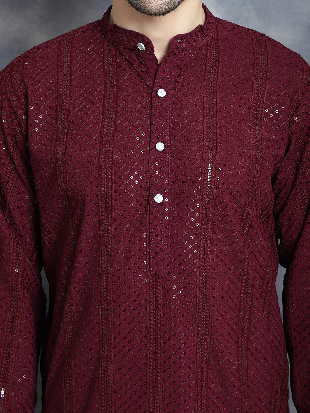Mandarin Neck Men's Rayon Kurta Pajama Indian Party Dress (Purple) - Image 5
