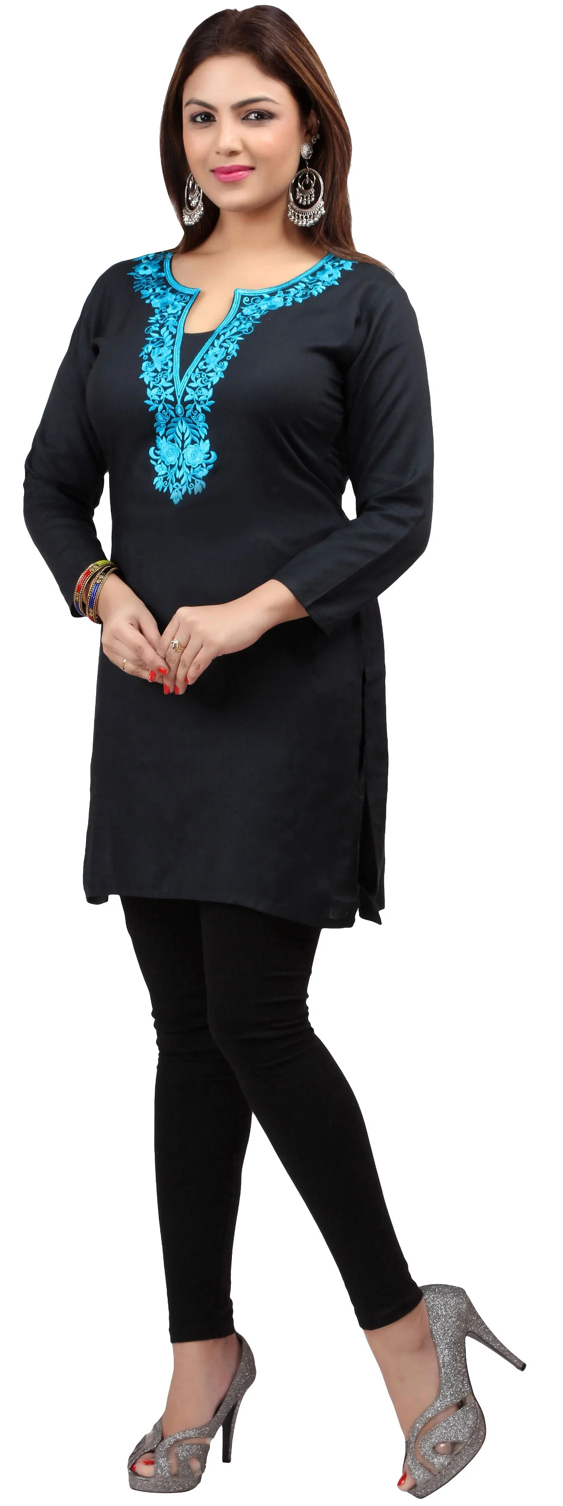 Maple Clothing Kurti Women's Blouse Embroidered Indian Clothing (Black/Blue) - Image 3