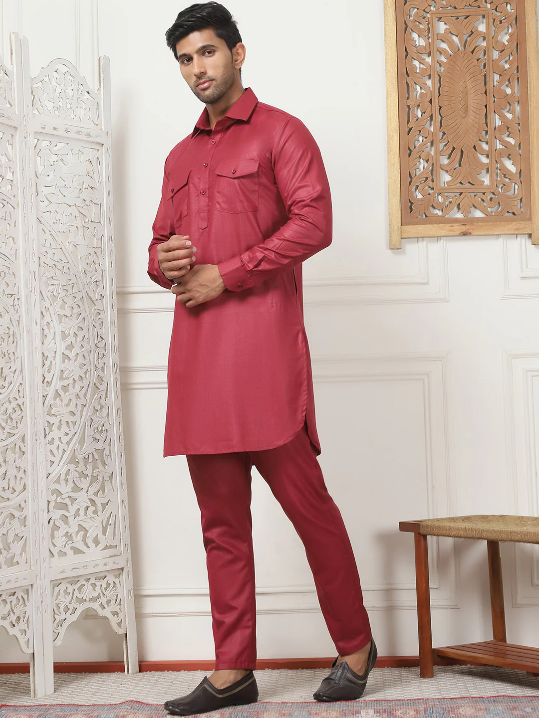 Maroon Punjabi Kurta Pajama Set – Cotton Indian Outfit for Men - Image 2