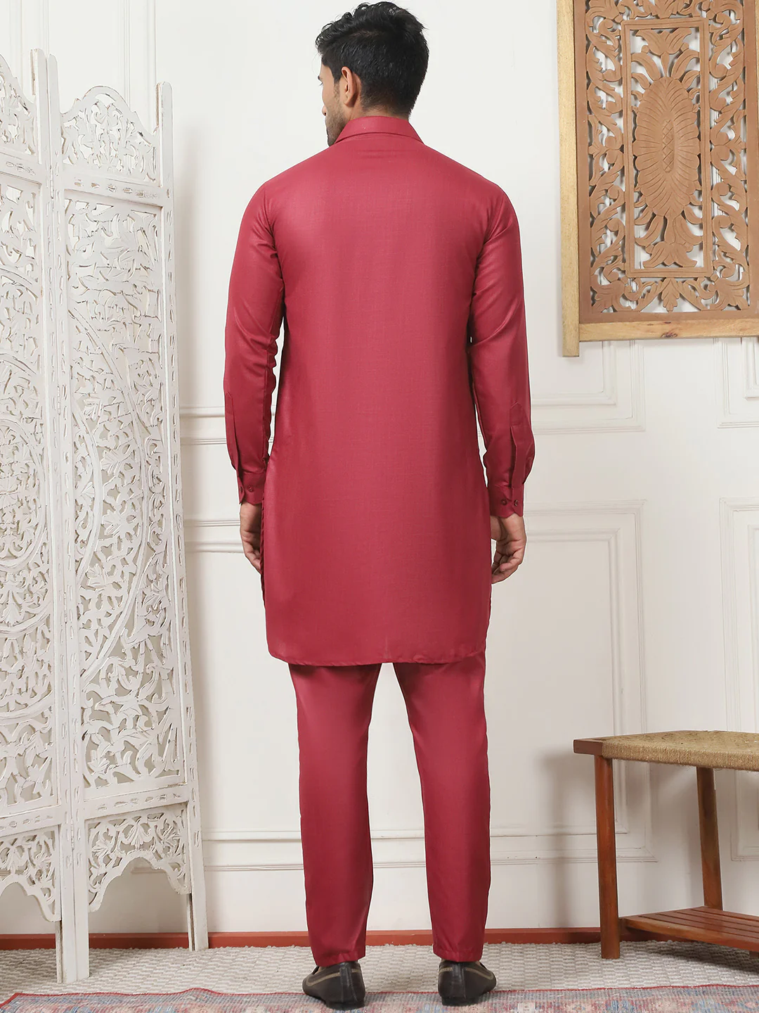 Maroon Punjabi Kurta Pajama Set – Cotton Indian Outfit for Men - Image 3