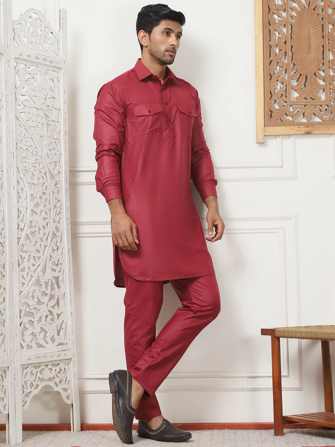 Maroon Punjabi Kurta Pajama Set – Cotton Indian Outfit for Men - Image 4